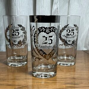 Vintage 25th Silver Anniversary Glasses Set of 3 Barware Tumblers Silver Rim
